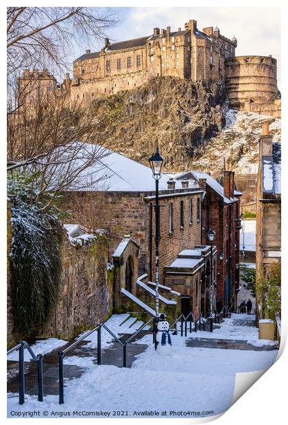 Edinburgh Castle from The Vennel with snowman Print by Angus McComiskey