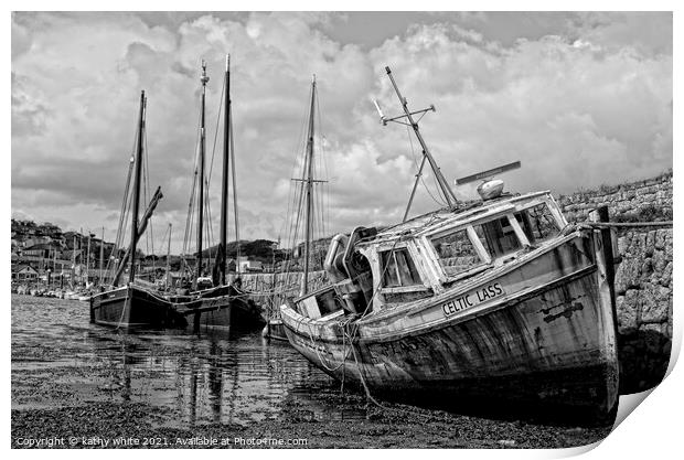Newlyn ,Cornwall old fishing boat,black and white, Print by kathy white