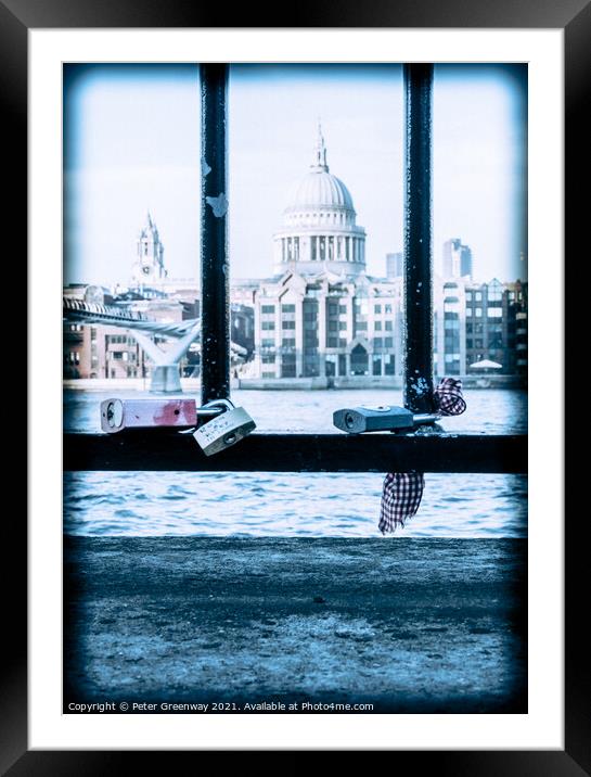 Lovers Padlocks On Railings Riverside By Millennium Bridge Framed Mounted Print by Peter Greenway