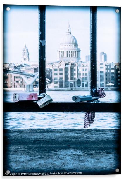 Lovers Padlocks On Railings Riverside By Millennium Bridge Acrylic by Peter Greenway