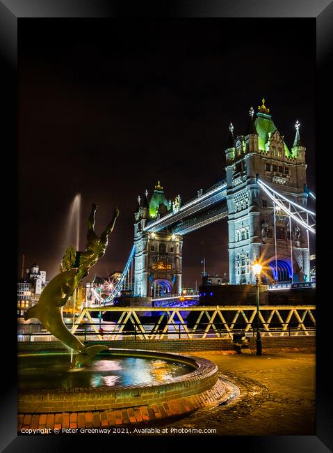 'Boy With A Dolphin' Fountain & Tower Bridge, Lond Framed Print by Peter Greenway