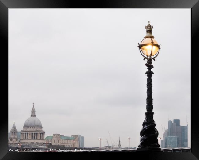 Illuminated Street Lamp On The Southbank Of The River Thames At  Framed Print by Peter Greenway