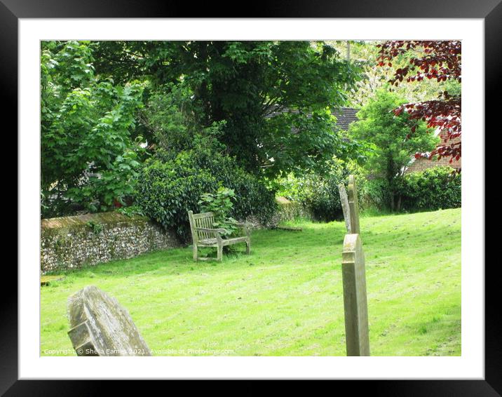 The Memory Bench in the Church Garden.  Framed Mounted Print by Sheila Eames