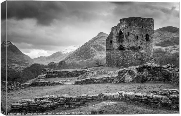 Dolbadarn Castle, Llanberis - Snowdonia, Wales Black and White Canvas Print by Christine Smart