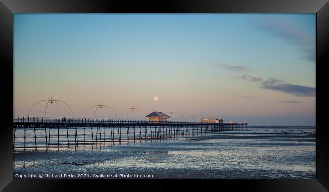 Moon over Southport Pier Framed Print by Richard Perks