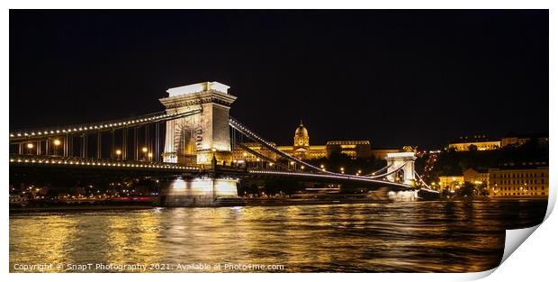 Long exposure of Széchenyi Chain Bridge, Buda Castle and the Danube River Print by SnapT Photography