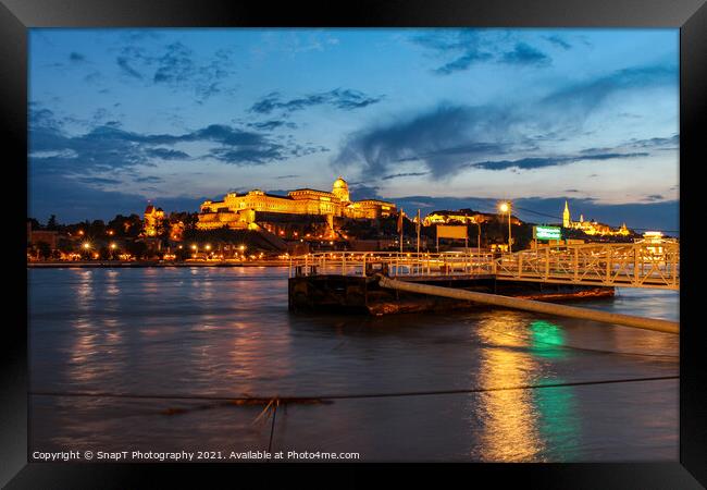 Long exposure of Buda Castle at night, above the Danube River, in Budapest Framed Print by SnapT Photography
