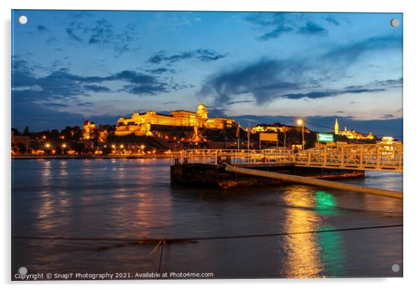 Long exposure of Buda Castle at night, above the Danube River, in Budapest Acrylic by SnapT Photography