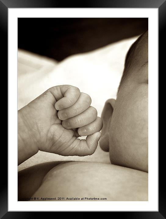 A newborn baby's hand. Framed Mounted Print by K. Appleseed.