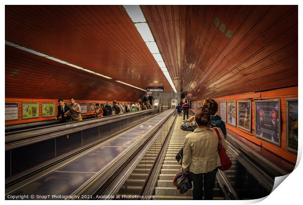 Descending the escalators into Budapest's old underground metro Print by SnapT Photography