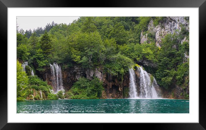 Two waterfalls flowing into a lake at Plitvice Lakes, UNESCO World Heritage Site Framed Mounted Print by SnapT Photography