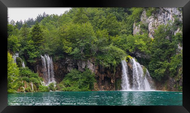 Two waterfalls flowing into a lake at Plitvice Lakes, UNESCO World Heritage Site Framed Print by SnapT Photography