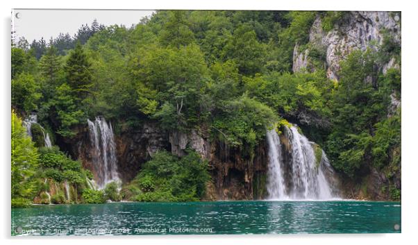 Two waterfalls flowing into a lake at Plitvice Lakes, UNESCO World Heritage Site Acrylic by SnapT Photography