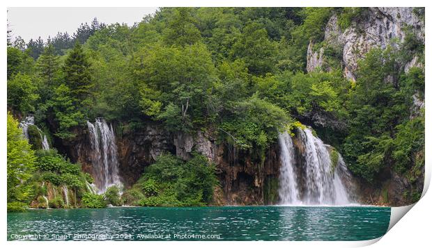 Two waterfalls flowing into a lake at Plitvice Lakes, UNESCO World Heritage Site Print by SnapT Photography