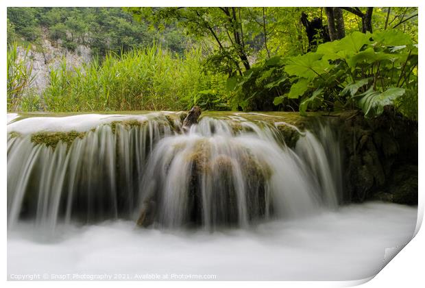 Long exposure of water flowing over a small waterfall at Plivice Lakes, Croatia Print by SnapT Photography