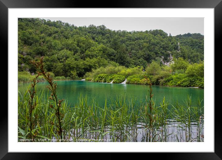 A view of a green lake over reeds with a waterfall in the background Framed Mounted Print by SnapT Photography