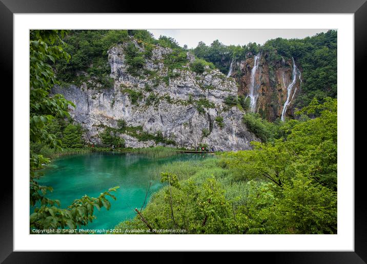 A large waterfall flowing over a mountain into a lake at Plitvice Lakes, Croatia Framed Mounted Print by SnapT Photography