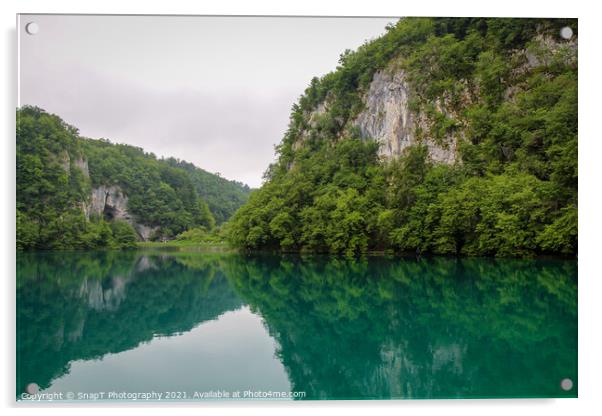 A reflection of a mountain valley on a lake at Plitvice Lakes, Croatia Acrylic by SnapT Photography