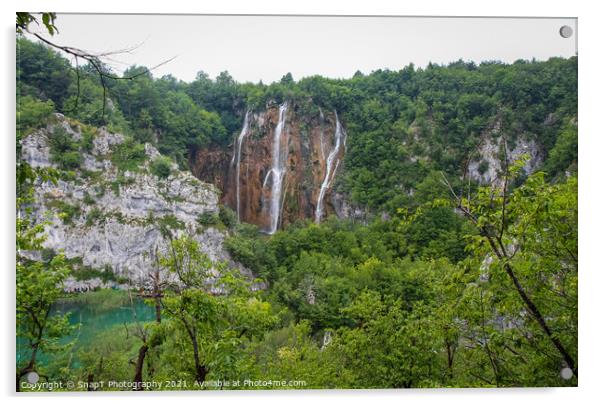 A large waterfall at a lake at Plitvice Lakes, UNESCO World Heritage Site, Acrylic by SnapT Photography