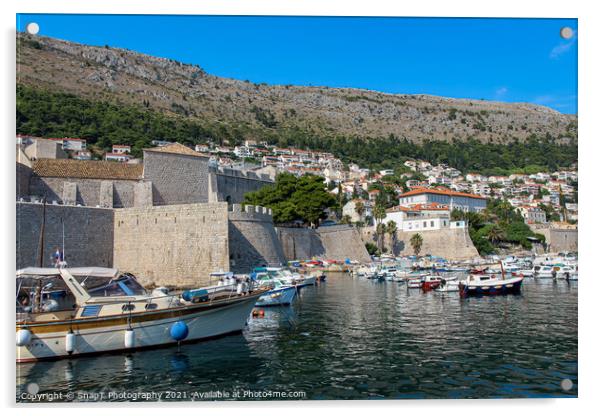 Boats moored in Dubrovnik Harbour by the city walls of the old town, Croatia Acrylic by SnapT Photography