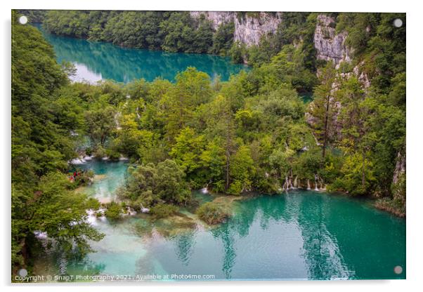 Water flowing through submerged trees between two lakes at Plitvice Lakes Acrylic by SnapT Photography