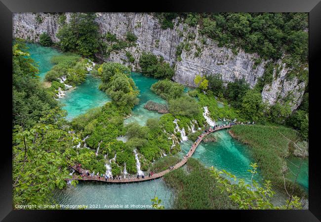 A series of waterfalls and tourists at Plitvice Lakes, Croatia Framed Print by SnapT Photography