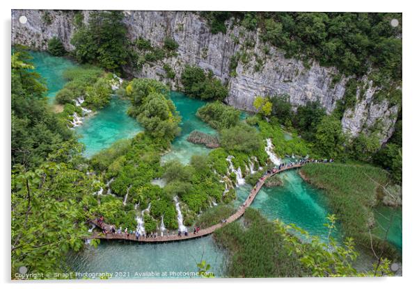 A series of waterfalls and tourists at Plitvice Lakes, Croatia Acrylic by SnapT Photography