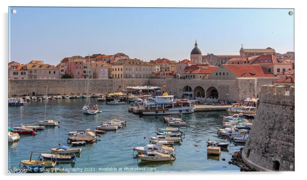 A view over the old harbour and town with boats and yachts moored, Dubrovnik Acrylic by SnapT Photography