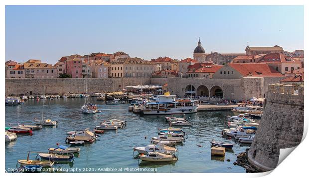 A view over the old harbour and town with boats and yachts moored, Dubrovnik Print by SnapT Photography