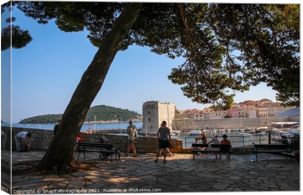 Tourists viewing the harbour and old town in Dubrovnik, Croatia Canvas Print by SnapT Photography