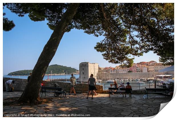 Tourists viewing the harbour and old town in Dubrovnik, Croatia Print by SnapT Photography