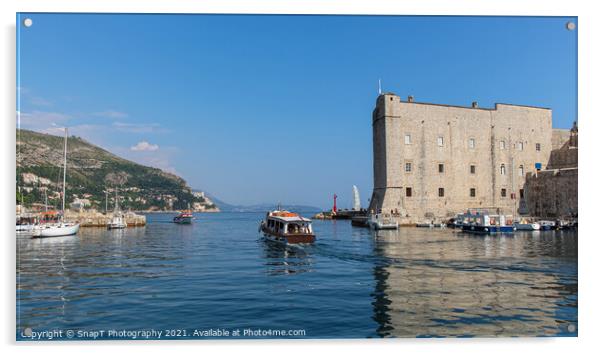 A boat leaving Dubrovnik harbour by the maritime museum in the old town, Croatia Acrylic by SnapT Photography
