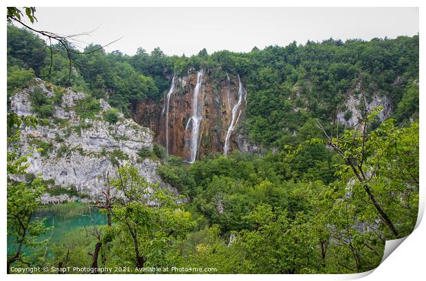 A large waterfall at a lake at Plitvice Lakes, UNESCO World Heritage Site, Print by SnapT Photography
