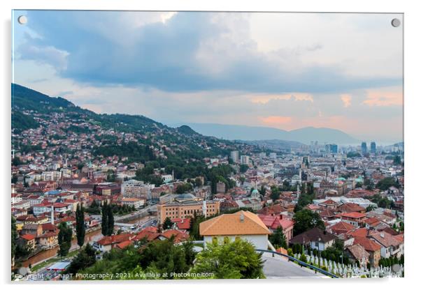 A view over Sarajevo at sunset Acrylic by SnapT Photography