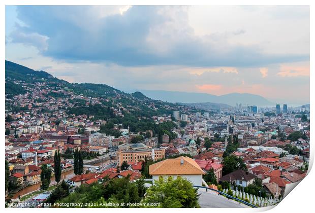 A view over Sarajevo at sunset Print by SnapT Photography