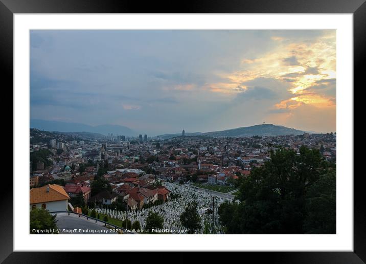 A view over the Soldier Cemetery (sehidsko mezarje Kovaci) and Sarajevo Framed Mounted Print by SnapT Photography