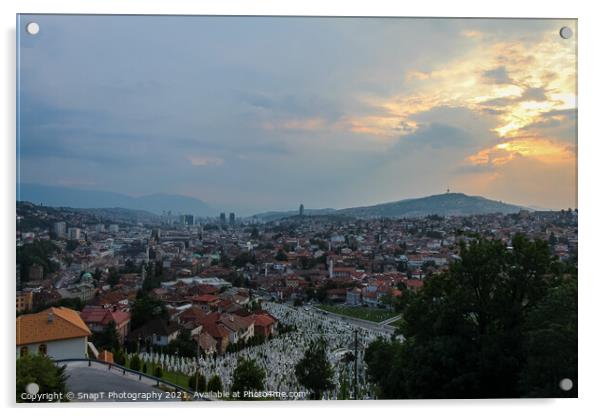 A view over the Soldier Cemetery (sehidsko mezarje Kovaci) and Sarajevo Acrylic by SnapT Photography