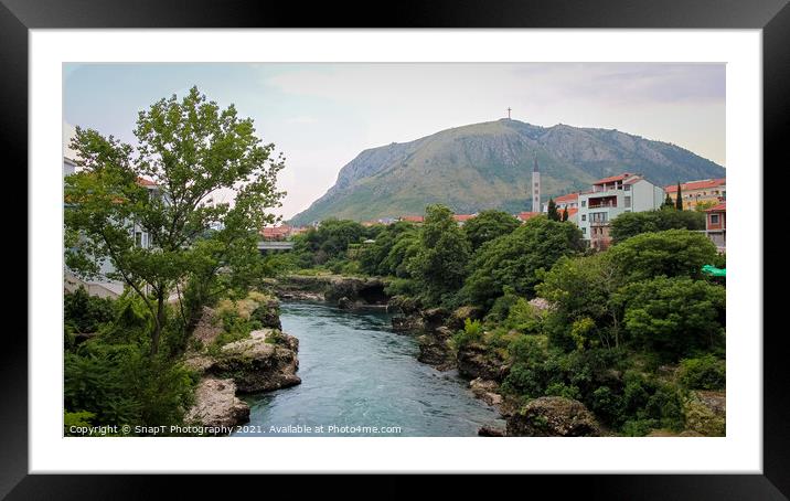 The Neretva River flowing through Mostar, with Hum Hill and Christain Cross Framed Mounted Print by SnapT Photography