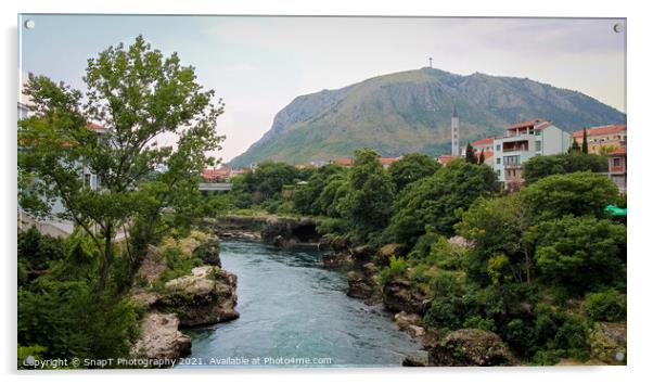 The Neretva River flowing through Mostar, with Hum Hill and Christain Cross Acrylic by SnapT Photography