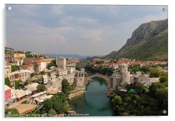 A landscape view of the old town of Mostar, with the old bridge over the river Acrylic by SnapT Photography