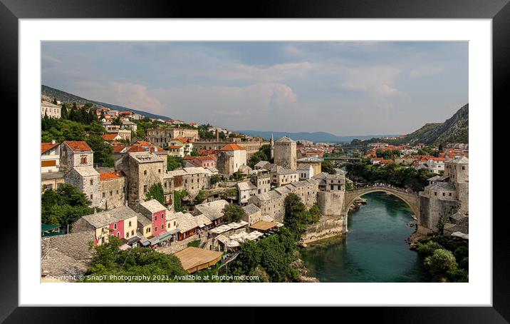 View over the old town of Mostar and the old bridge over the Neretva River Framed Mounted Print by SnapT Photography
