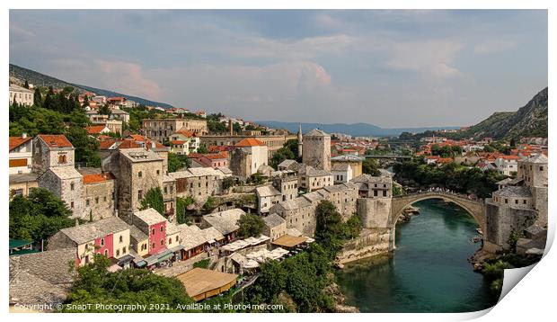 View over the old town of Mostar and the old bridge over the Neretva River Print by SnapT Photography