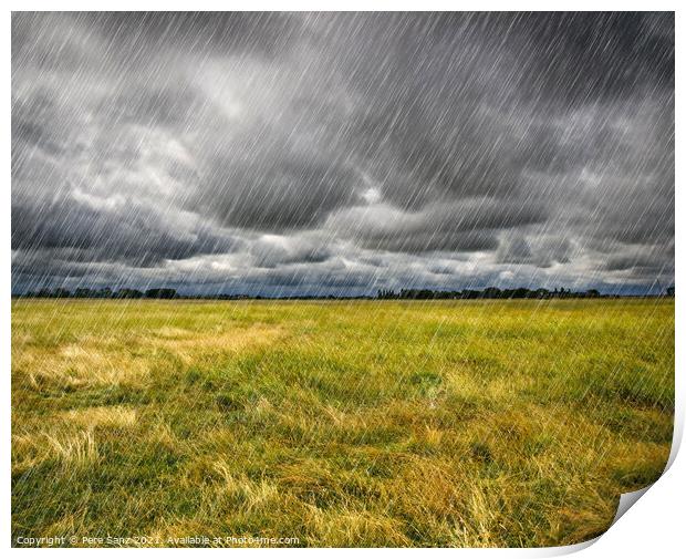 Heavy Rain over a prairie in Brittany, France Print by Pere Sanz