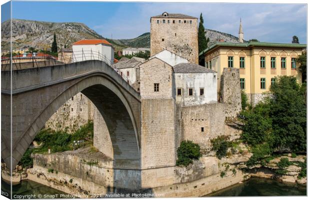Close up of the historic arched Old Bridge of Mostar on the Neretva River Canvas Print by SnapT Photography