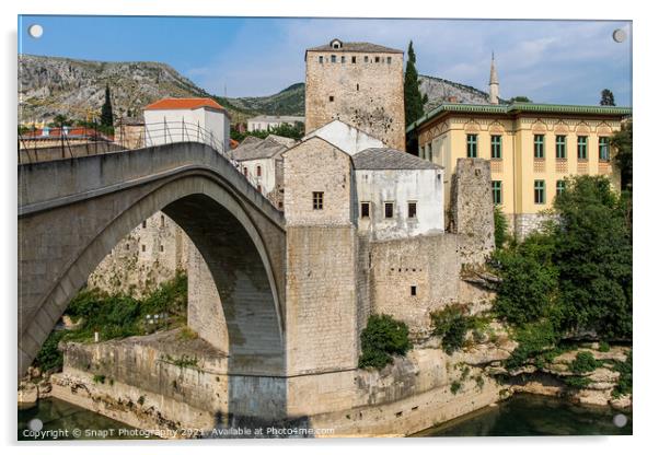 Close up of the historic arched Old Bridge of Mostar on the Neretva River Acrylic by SnapT Photography