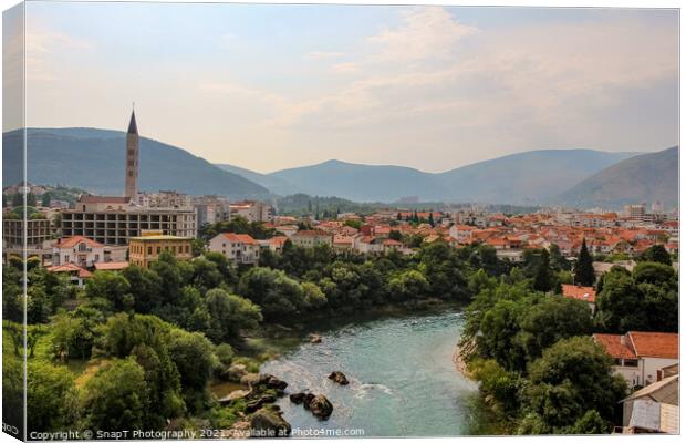 The Neretva River upstream of the arched Old Bridge in Mostar, Canvas Print by SnapT Photography