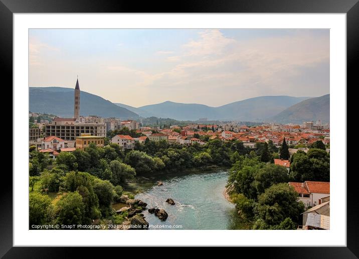 The Neretva River upstream of the arched Old Bridge in Mostar, Framed Mounted Print by SnapT Photography