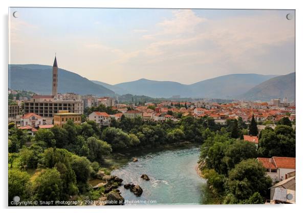 The Neretva River upstream of the arched Old Bridge in Mostar, Acrylic by SnapT Photography