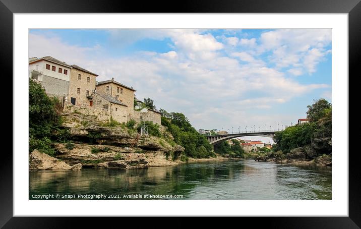 The green Neretva River underneath the old bridge in Mostar, Bosnia Framed Mounted Print by SnapT Photography