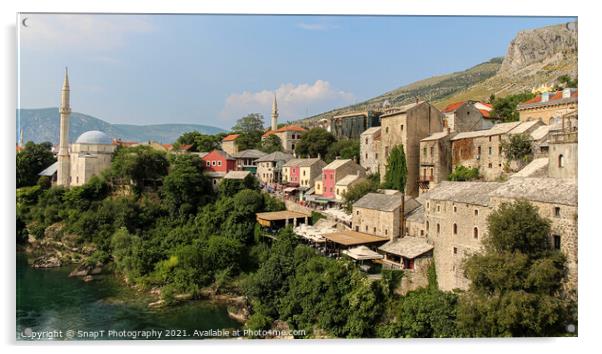 The old town of Mostar looking upstream from the historic old arched bridge Acrylic by SnapT Photography